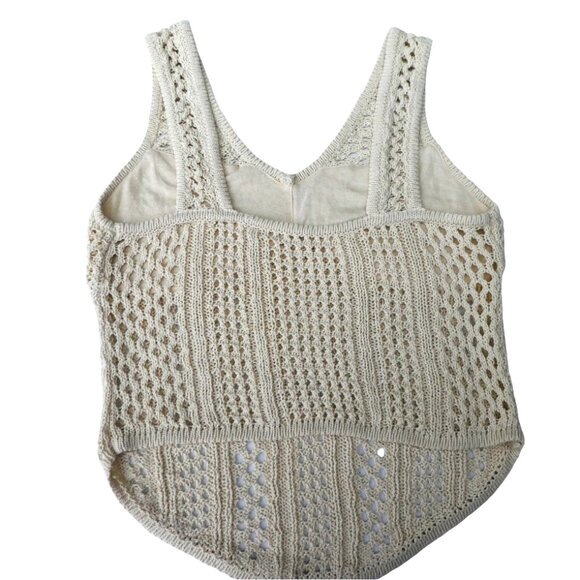 Y2K Open Crochet Ecru Tank Top Lined Bust V Neck Longer Front Curved Hem XL - Picture 2 of 5